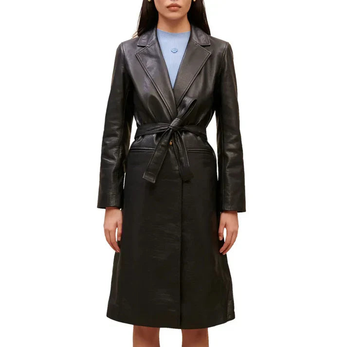 Womens Classic Black Leather Trench Coat