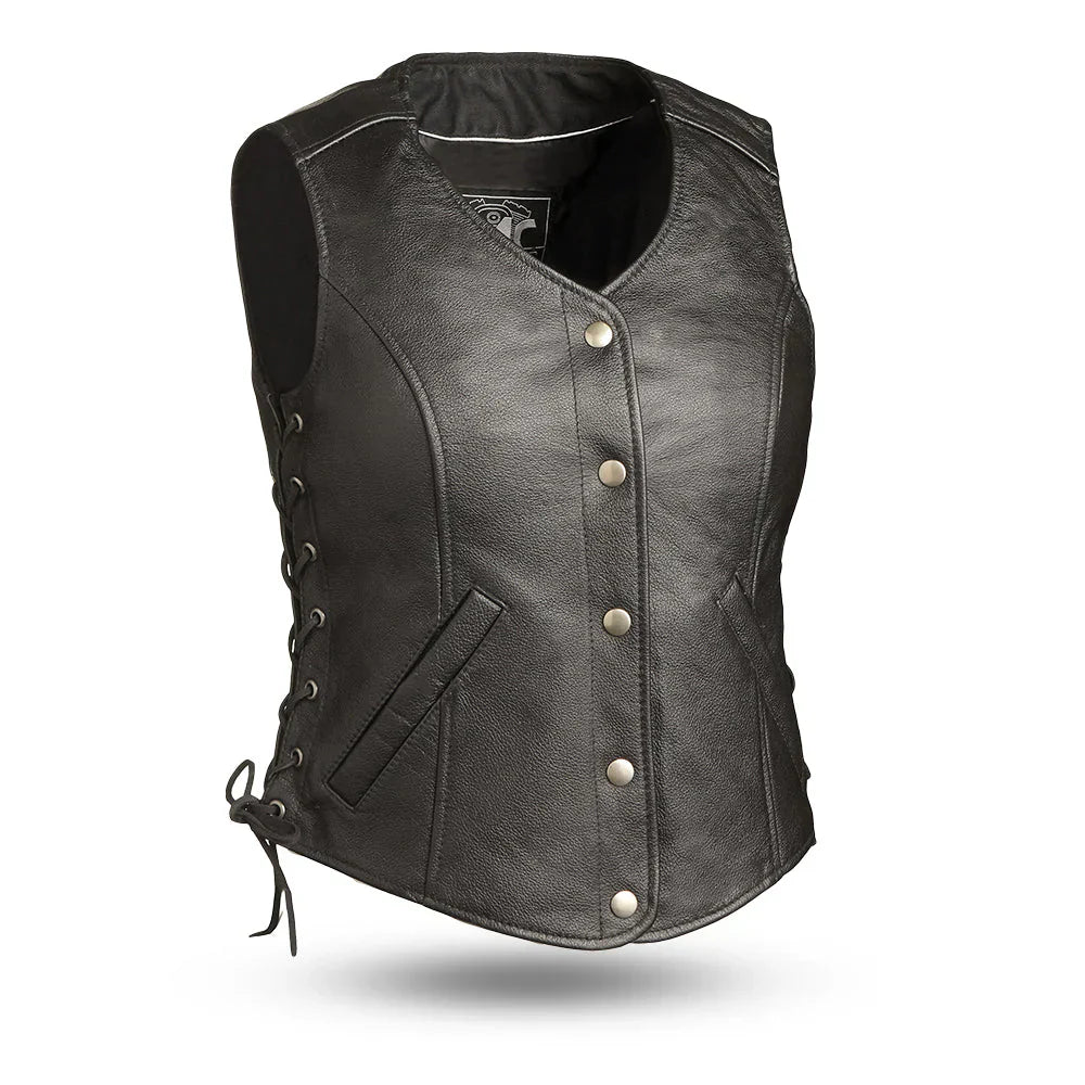 Women Black Side Lace Motorcycle Leather Vest