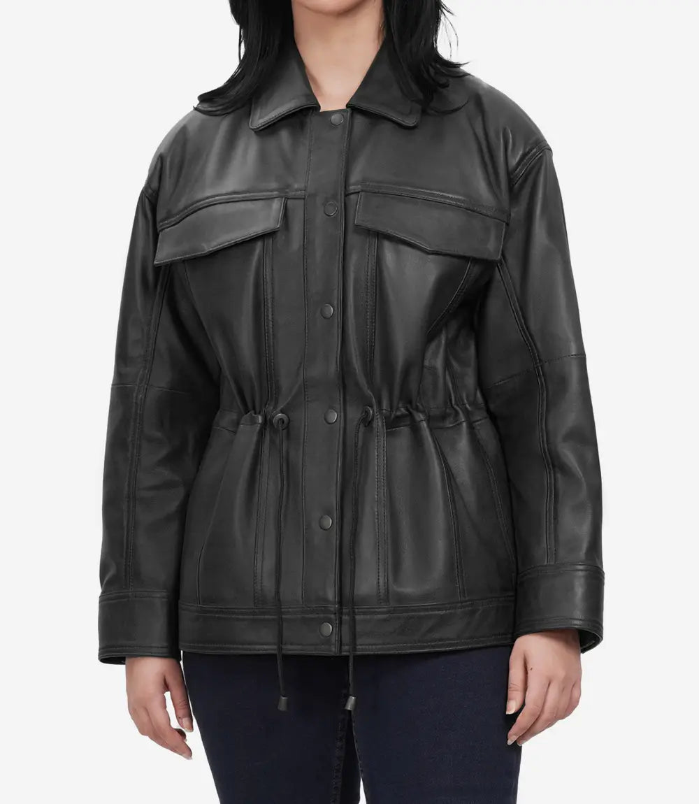 Womens Black Oversized Leather Trucker Jacket