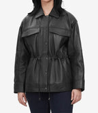 Womens Black Oversized Leather Trucker Jacket