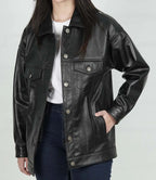 Womens Black Leather Oversized Trucker Jacket