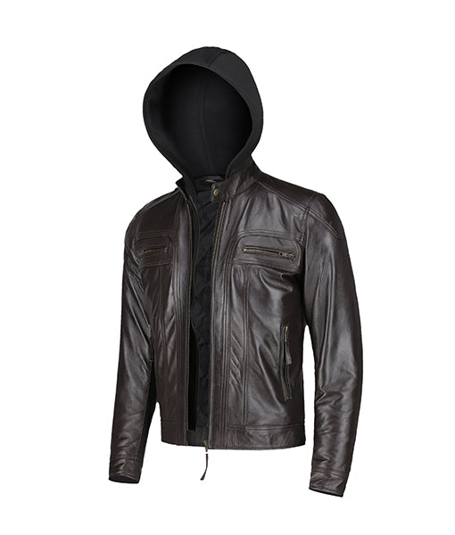 Men’s Slim Fit Brown Leather Jacket With Hood