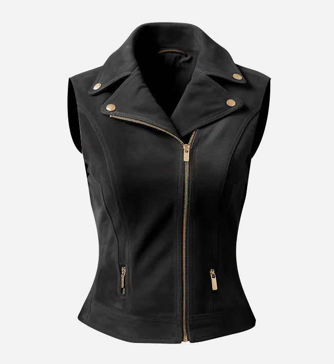 Women Black Suede Leather Biker Vest