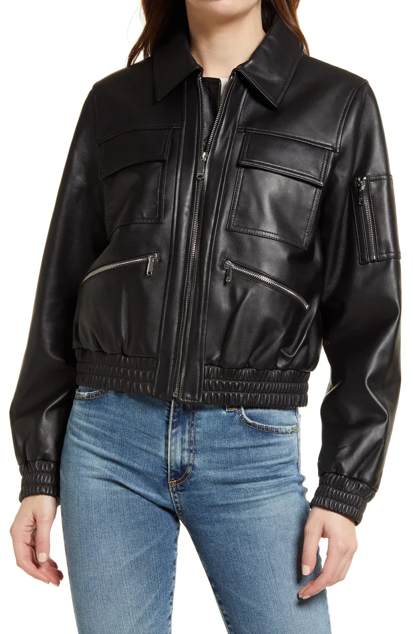 Womens Black Tall Leather Bomber Spread jacket