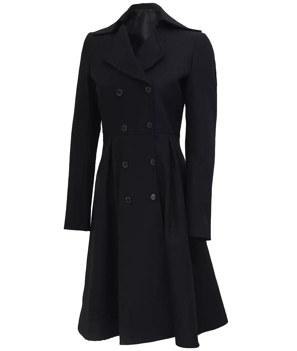 Women Black Double Breasted Wool Trench Coat