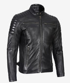 Stylish Men's Black Biker Jacket Padded Leather Shoulders