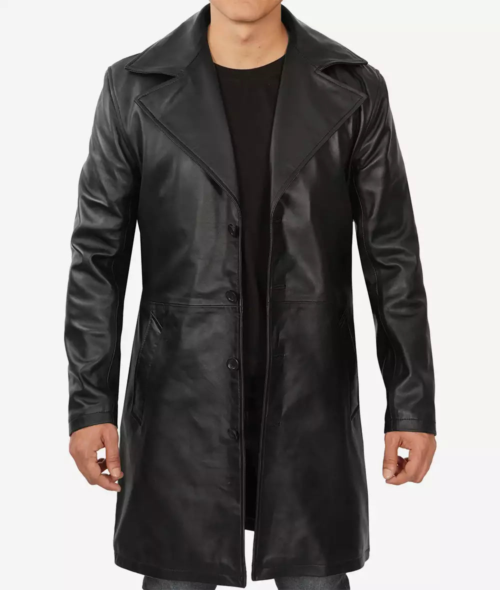 Men’s 3/4 Length Black Lambskin Leather Coat