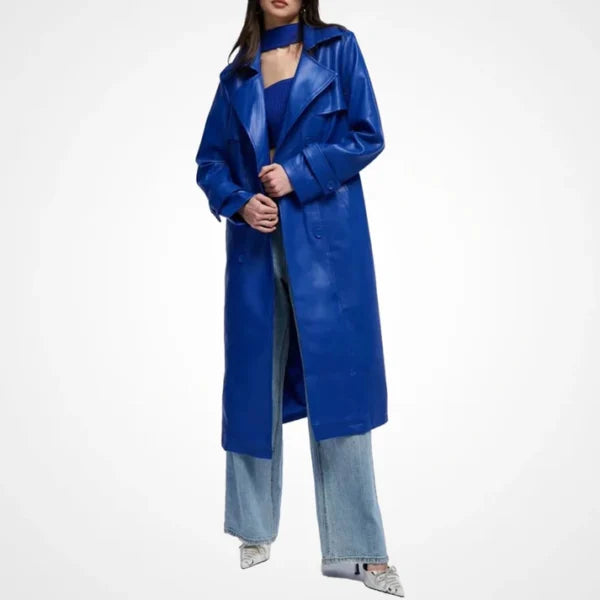 Womens Blue Leather Long Coat With Storm Flap