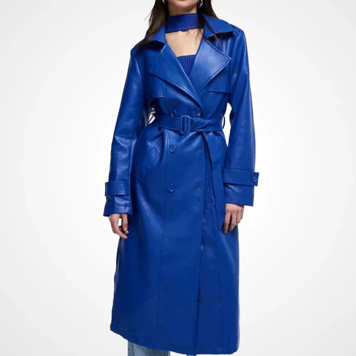 Womens Blue Leather Long Coat With Storm Flap