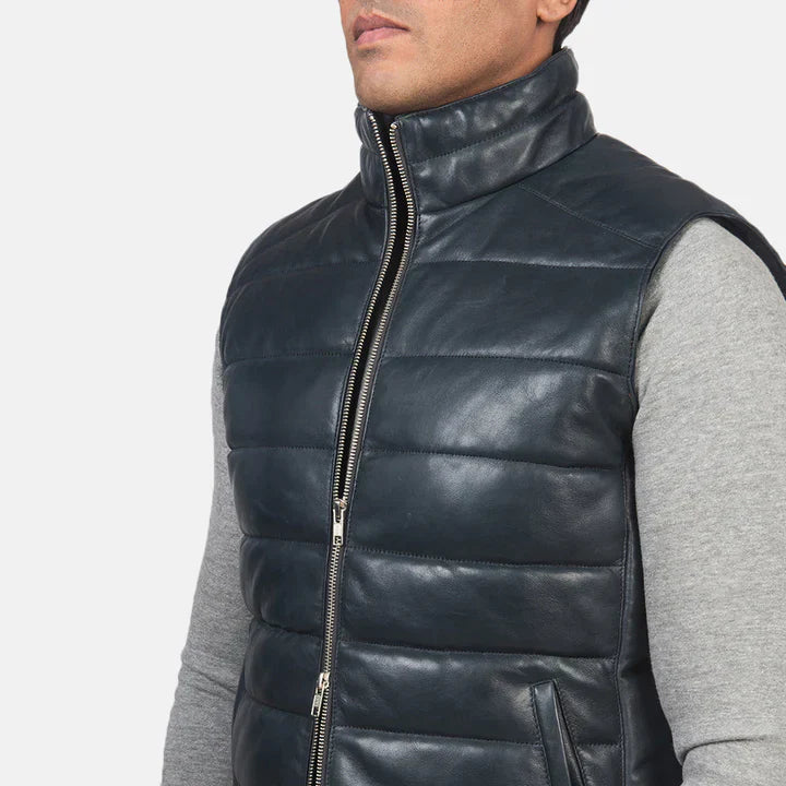 Mens Reeves Blue Leather Puffer Vest