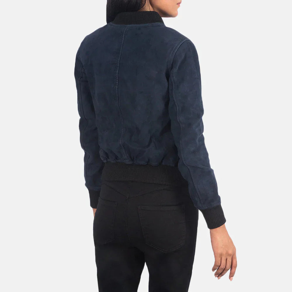 Women Blue Suede Bomber Jacket