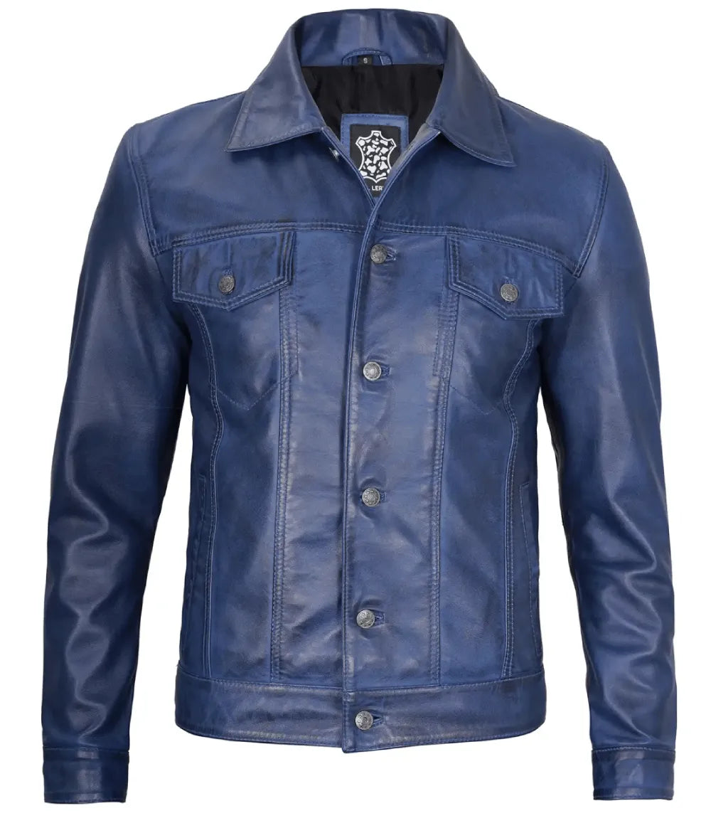 Mens Classic Blue Leather Trucker Jacket – Genuine Lambskin