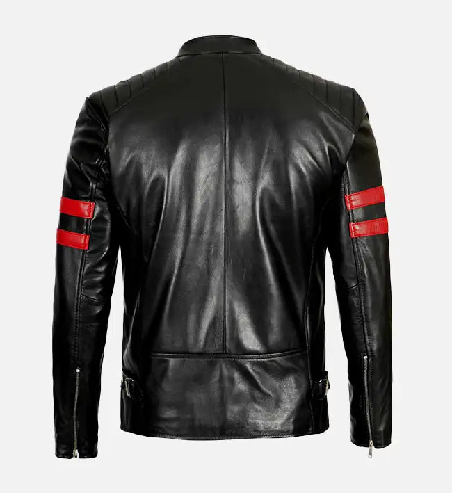 Leather Biker Jacket with Red Stripes