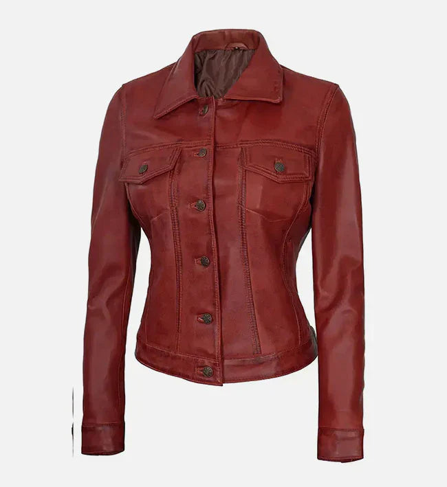 Women Red Leather Trucker Jacket