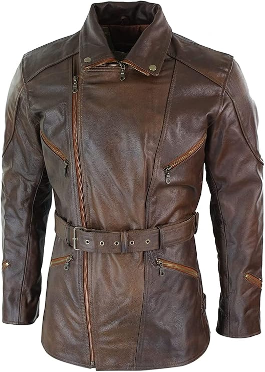Mens Brown Leather Belted Motorcycle Coat