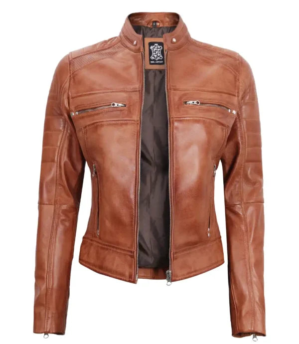 Classic Womens Tan Brown Cafe Racer Jacket