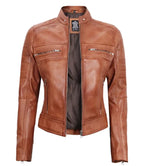 Classic Womens Tan Brown Cafe Racer Jacket