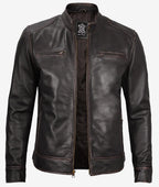 Mens Vintage Brown Leather Cafe Racer Jacket