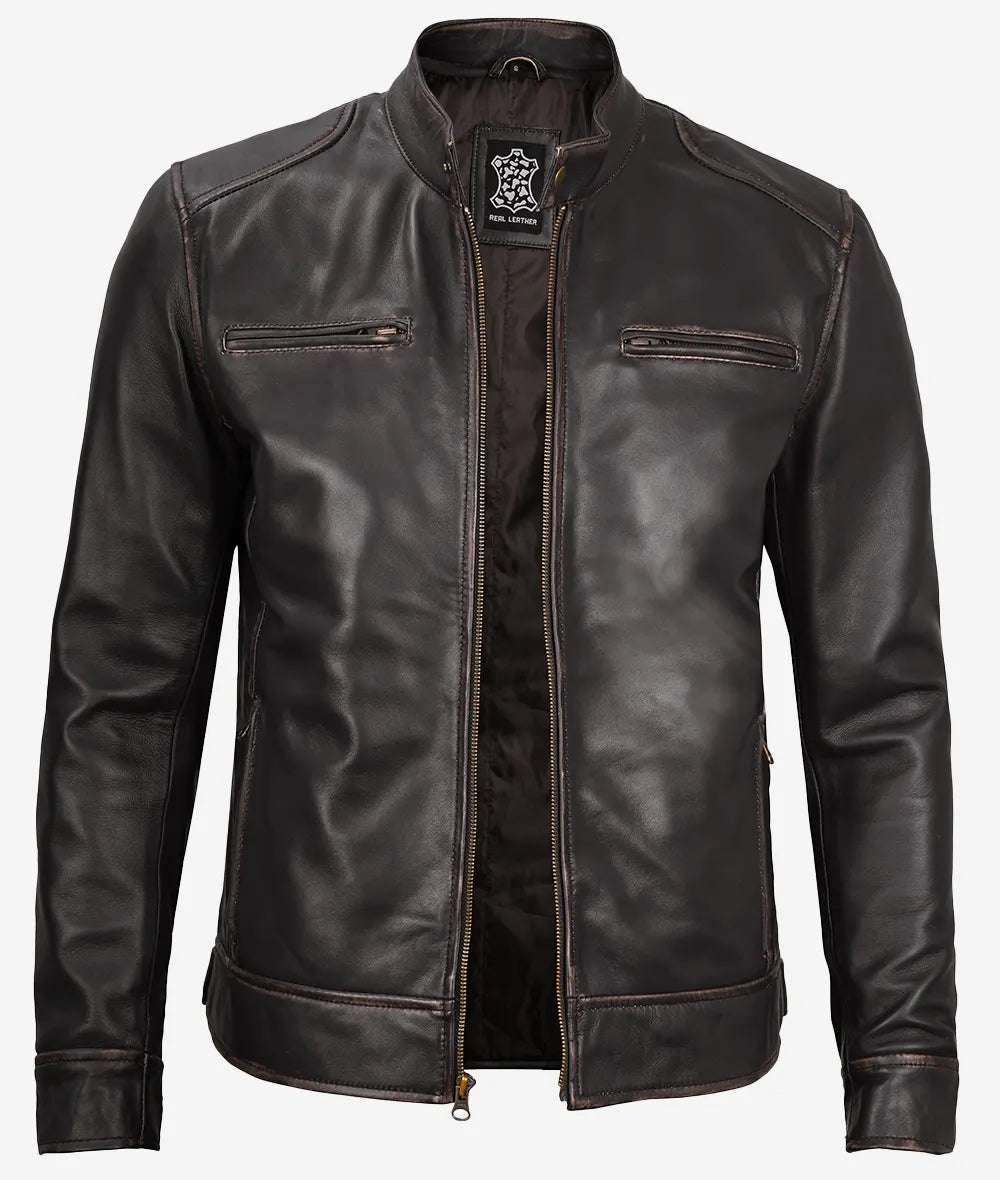 Mens Vintage Brown Leather Cafe Racer Jacket
