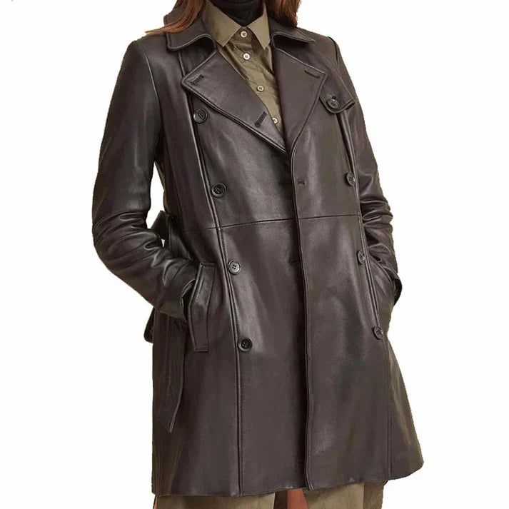 Women Brown Leather Belted Trench Coat