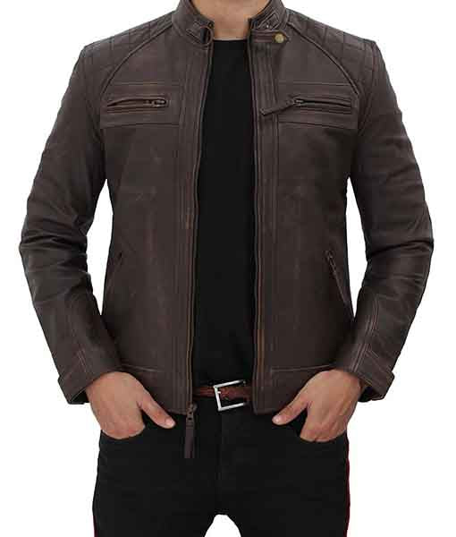 Men’s Four Pocket Brown Leather Biker Jacket