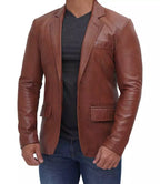 Mens Two Button Tan Leather Blazer - Notch Lapel