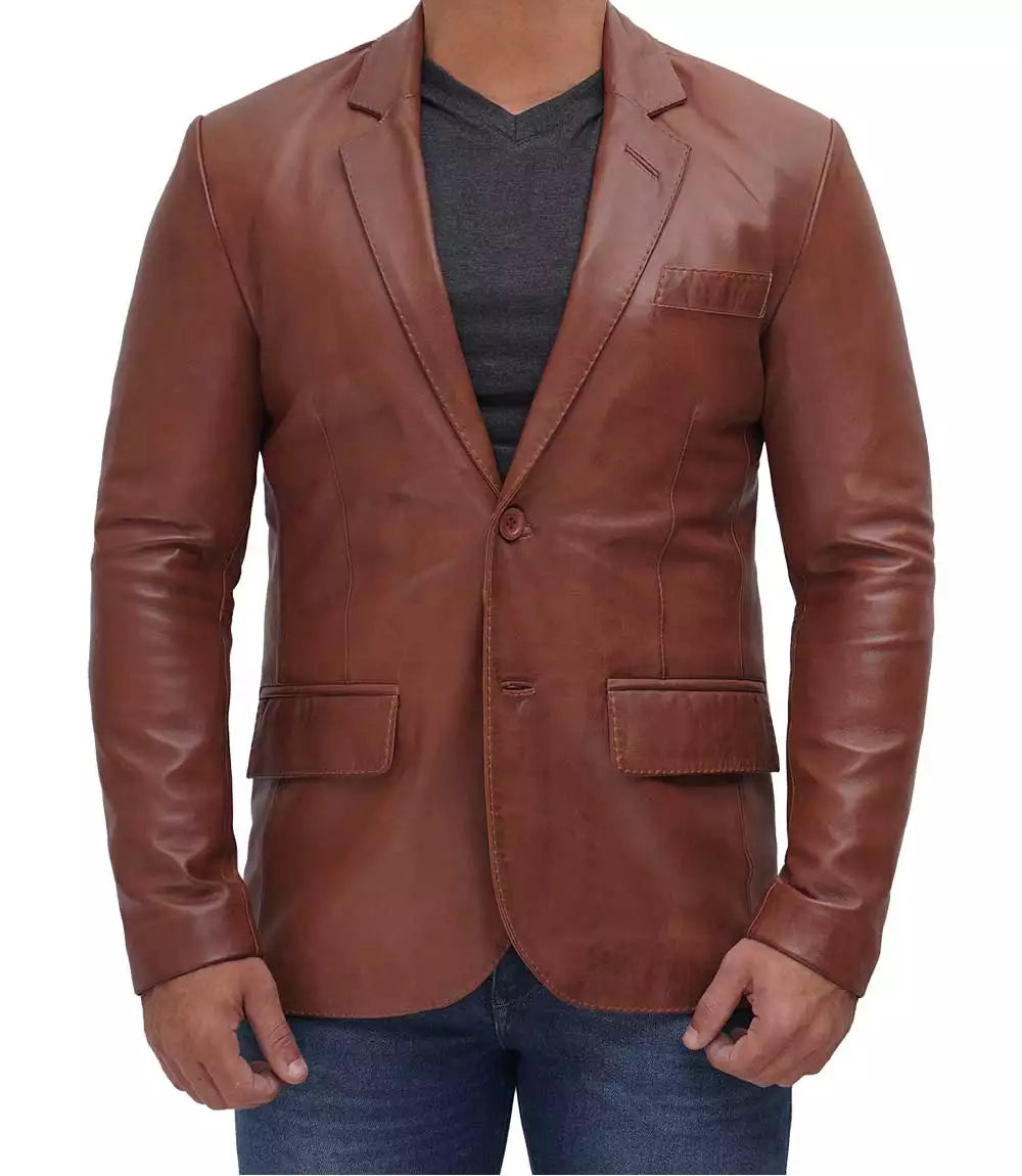 Mens Two Button Tan Leather Blazer - Notch Lapel