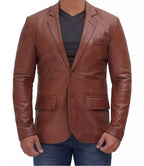 Mens Two Button Tan Leather Blazer - Notch Lapel
