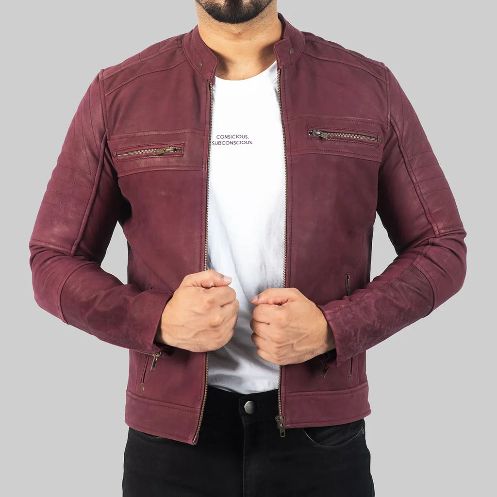 Men’s Burgundy Distressed Leather Biker Jacket