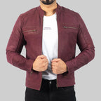 Men’s Burgundy Distressed Leather Biker Jacket