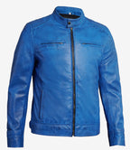 Mens Blue Lambskin Leather Cafe Racer Jacket
