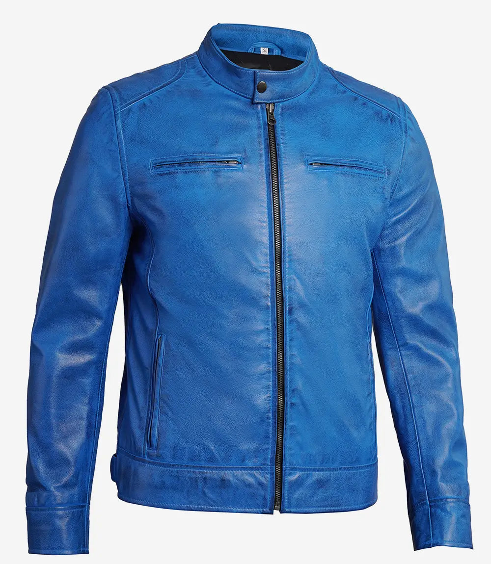 Mens Blue Lambskin Leather Cafe Racer Jacket