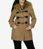Womens Camel Brown Fur Hooded Wool Duffle Coat