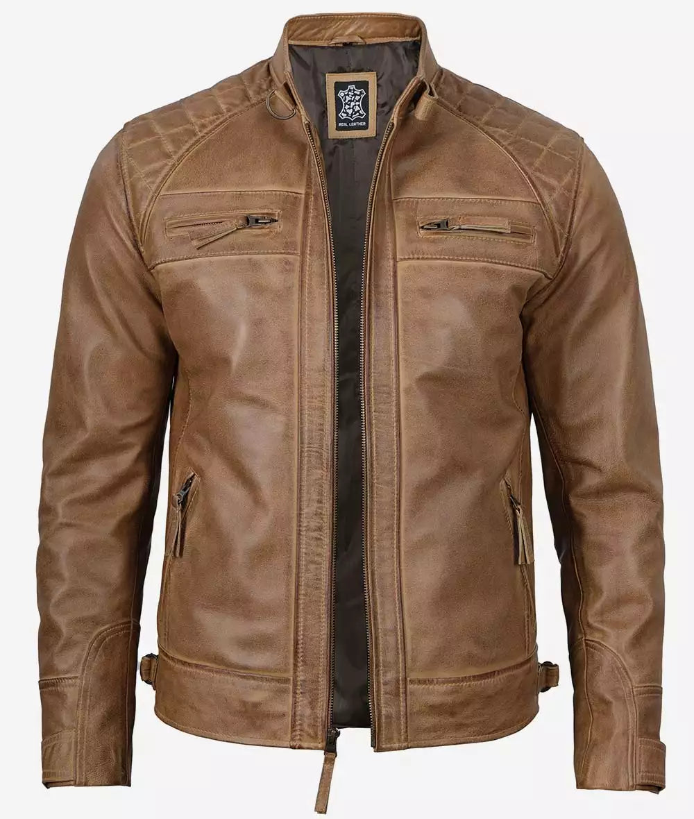 Mens Camel Brown Cafe Racer Jacket Quilted Shoulder
