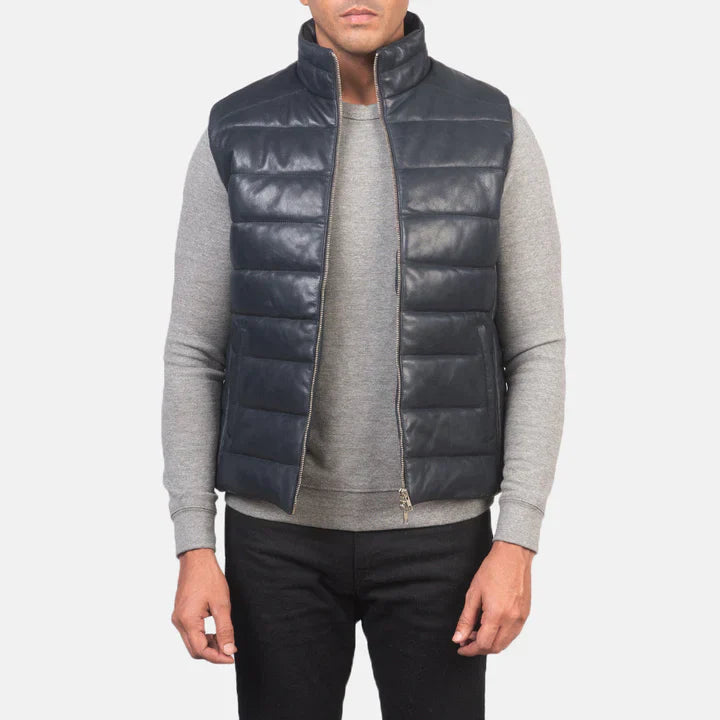 Mens Reeves Blue Leather Puffer Vest