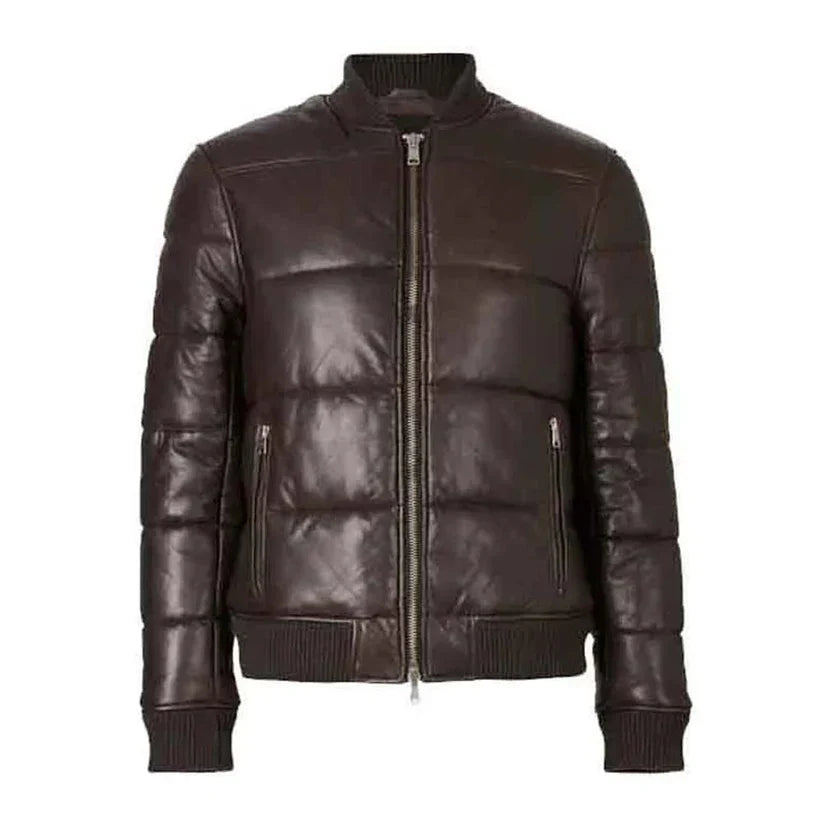 Mens Choco Brown Leather Puffer Jacket
