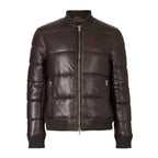 Mens Choco Brown Leather Puffer Jacket