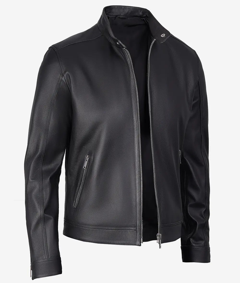 Mens Stylish Black Cafe Racer Leather Jacket
