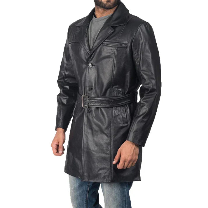 Men Black Leather Trench Coat