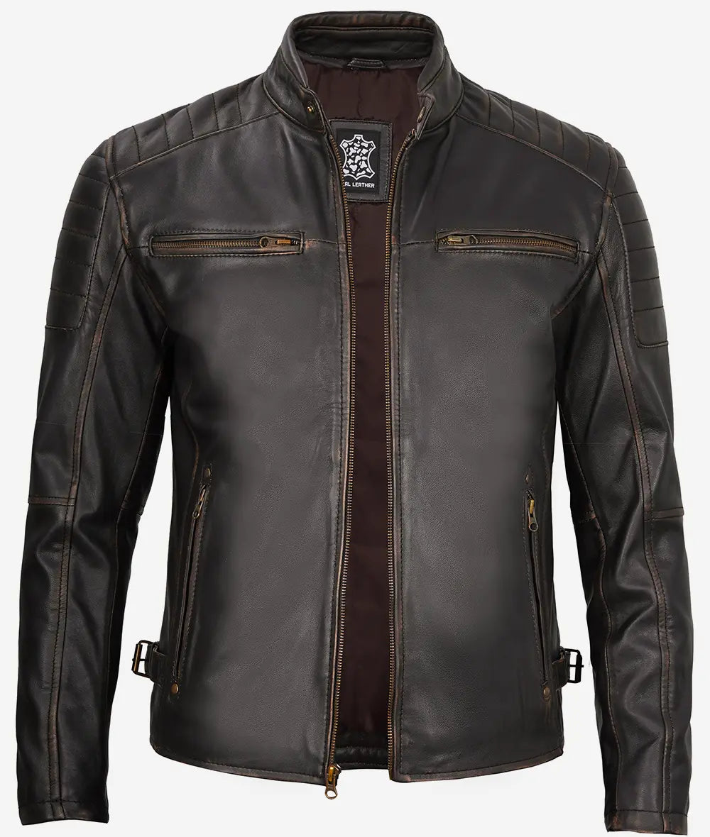 Classic Mens Rub Off Brown Leather Cafe Racer Jacket