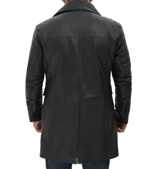 Mens Four Pocket Black Leather Trench Coat