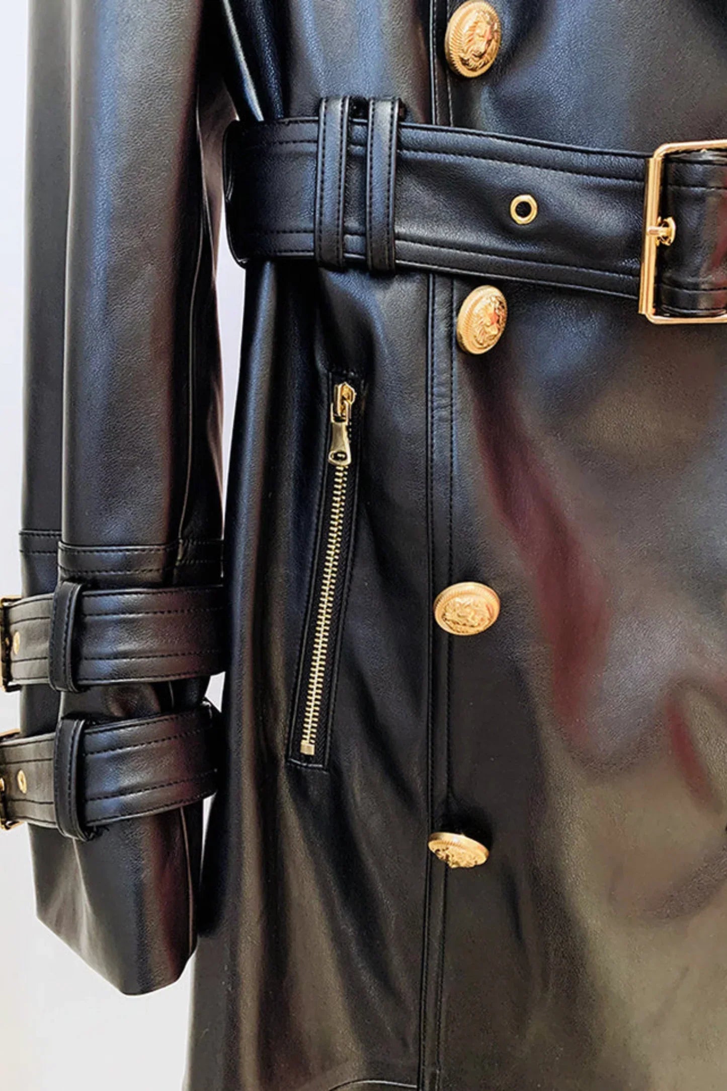 Womens Black Long Leather Trench Coat