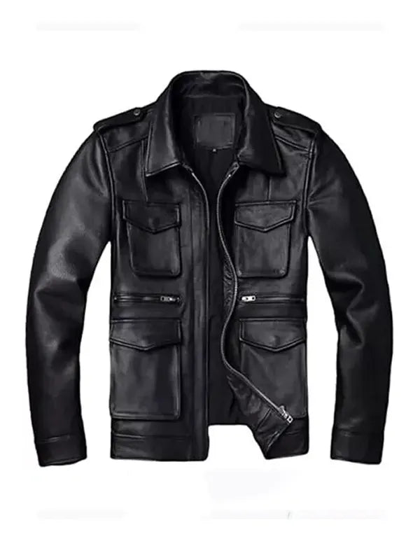 Classic Style Real Black Leather Field Jacket