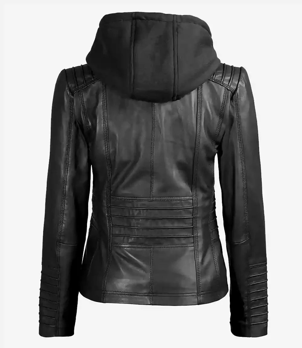 Womens Tall Black Leather Jacket With Removable Hood