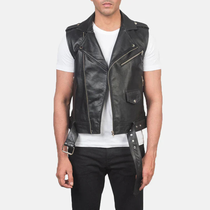 Premium Sullivan Black Leather Biker Vest for Men