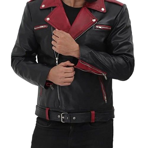 Black leather motorcycle jacket for men