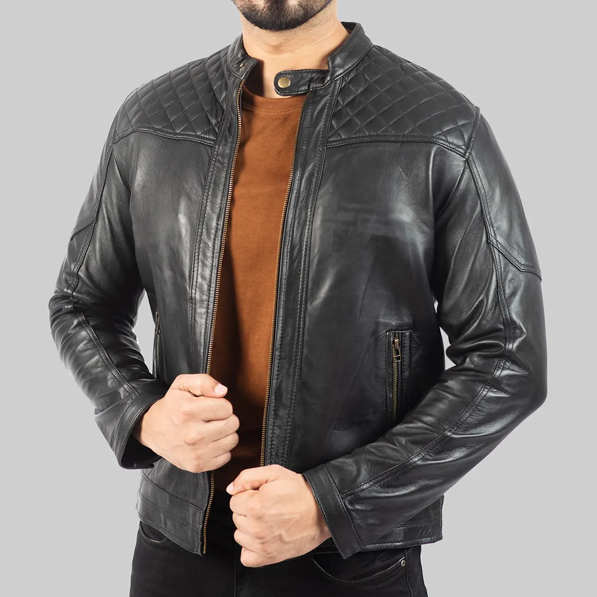 Mens Quilted Black Leather Biker Jacket