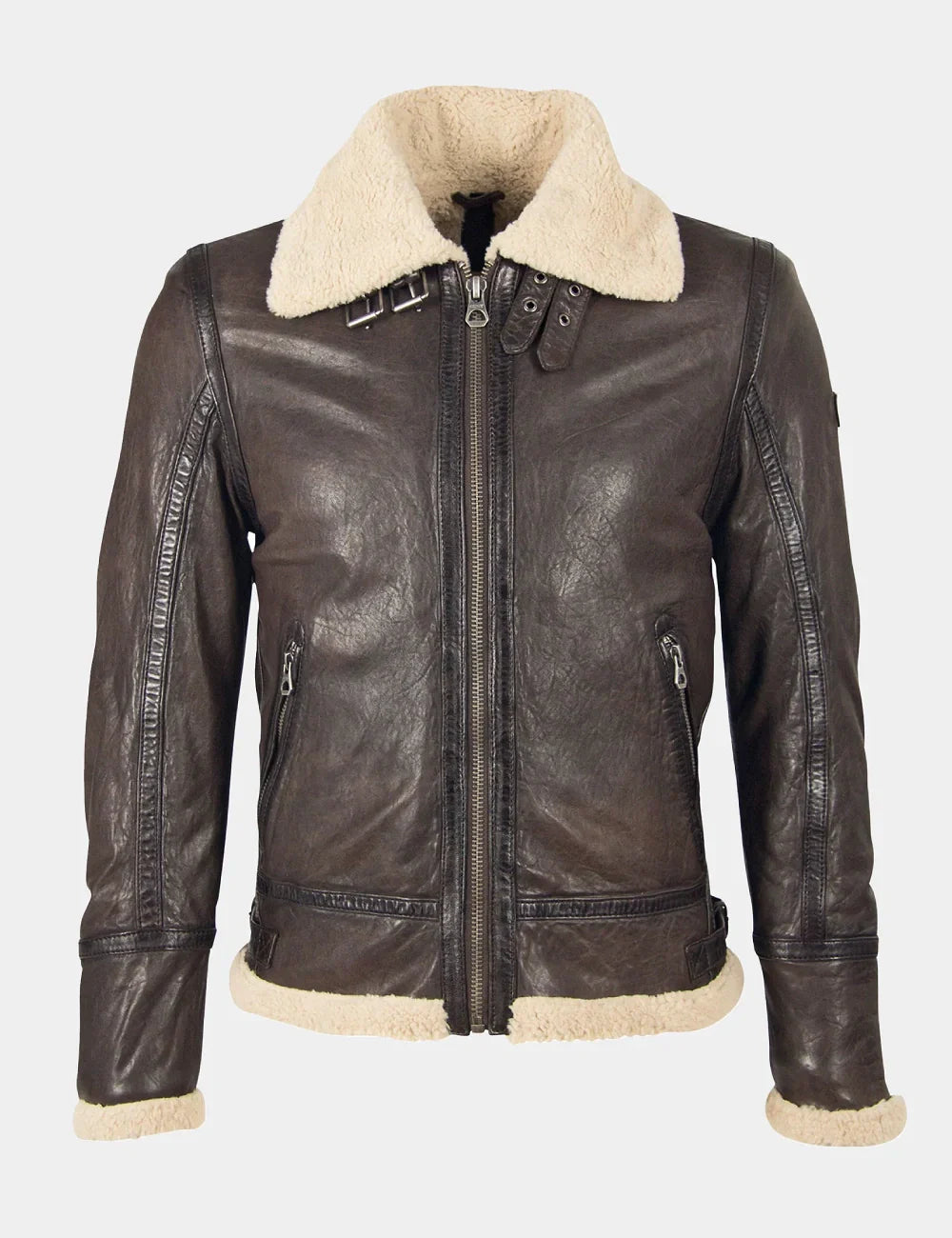 Dark Brown Aviator Leather Jacket with Shearling Collar