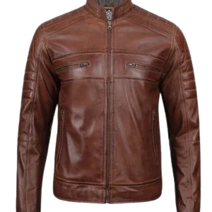 Cognac Brown Cafe Racer Leather Jacket for Men