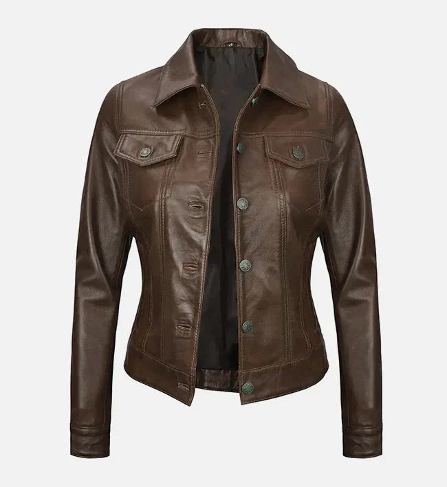 Women Dark Brown Leather Trucker Jacket